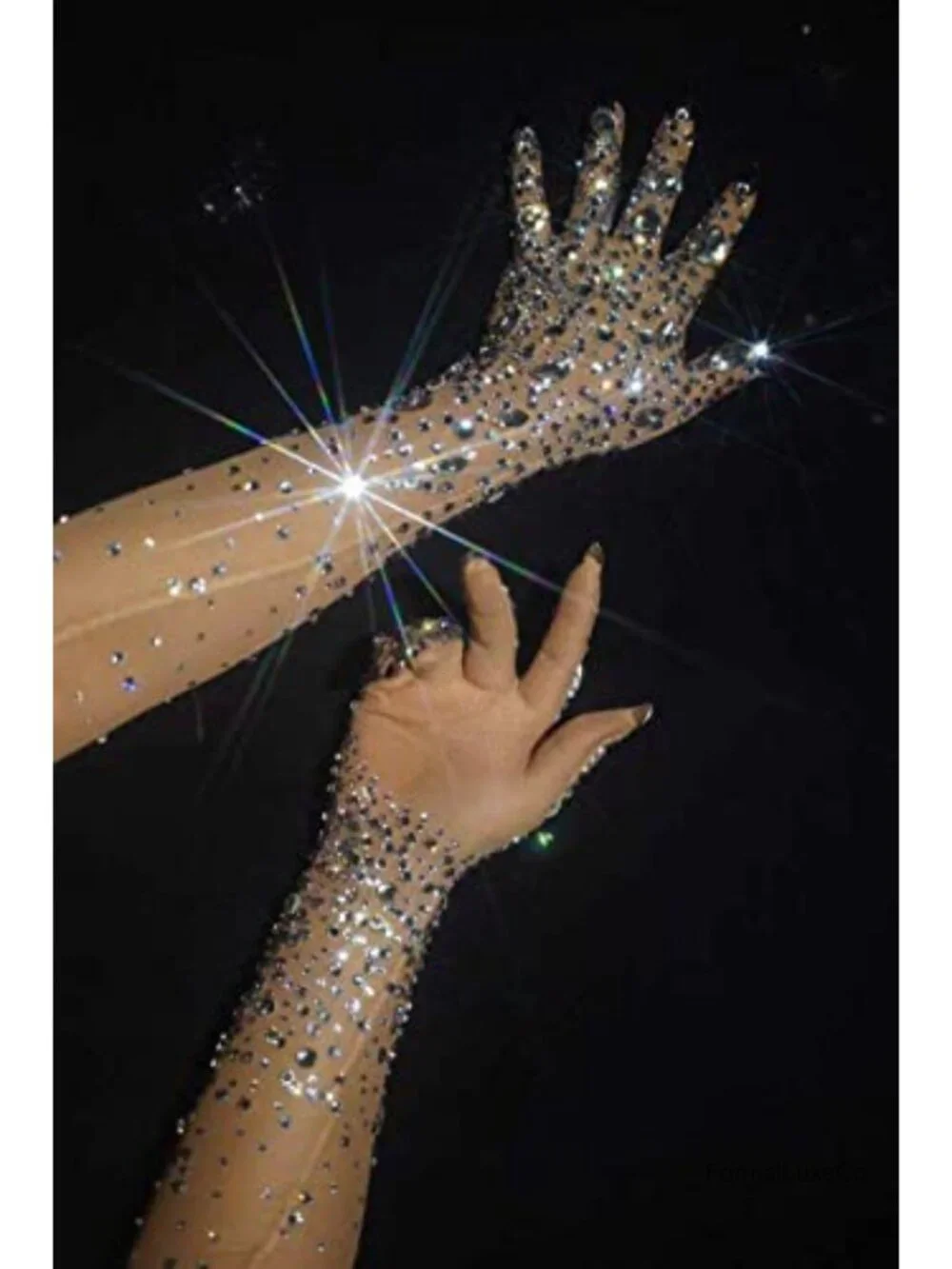 Rhinestone Sparkly Long Gloves - Mesh Sheer Elbow Length Opera Gloves with Nails
